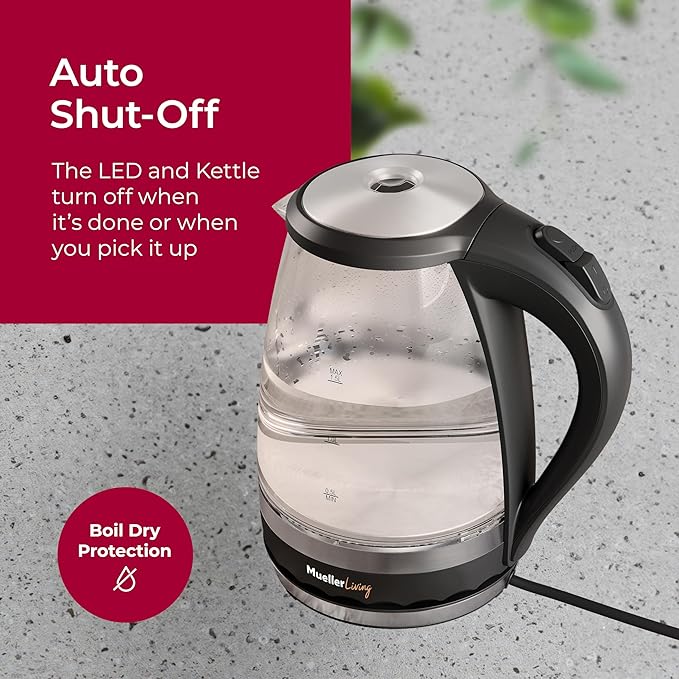 MuellerLiving Glass Kettle 1.5L 1500W LED Light Electric Tea Kettle Automatic Shut-Off with SpeedBoil Tech and Boil-Dry Protection