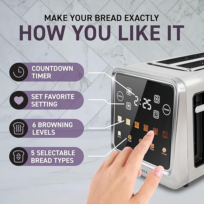 Inspirex Touch Screen Toaster - 4 Slice Long Extra-Wide Slots - 5 Bread Type and 6 Browning Levels - Defrost, Reheat, Favorite, Single Slot Settings - Stainless Steel