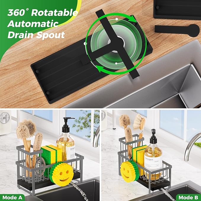 Sponge Holder for Kitchen Sink,Sink Caddy with Removable Dish Brush Holder,Self-Draining Kitchen Countertop Organizers and Storage Essentials,Soap Dispenser Organize and Home Decor-Gray
