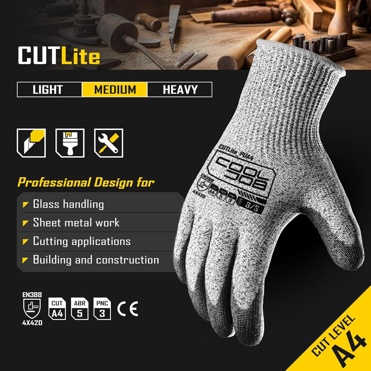 COOLJOB 12/120 Pairs Cut Resistant Safety Work Gloves with Grip, 13 Gauge Seamless Shell with PU Coating, ANSI A2 A4, Gray