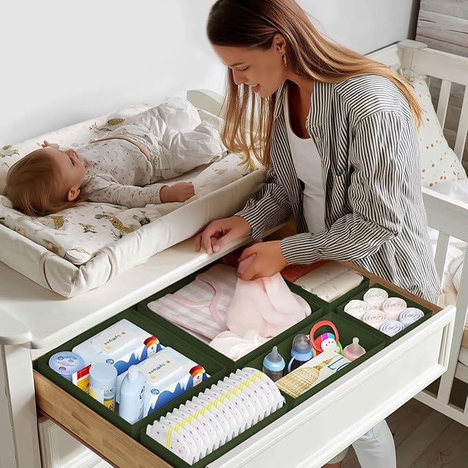DIMJ Drawer Organizer Clothes - 24 Pack Closet Drawer Organizer Bins for Baby Clothes Storage, Fabric Dresser Organizer for Nursery Bedroom, Foldable Small Drawer Dividers for Underwear Socks