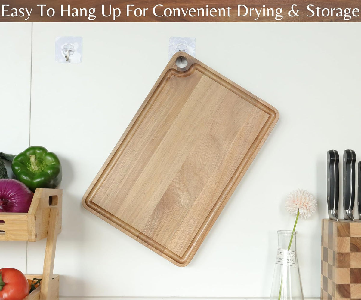 Acacia Wood Cutting Board (15x10x0.8 In.) - Solid Organic Wooden Meat Boards for Kitchen, Real Hardwood Chopping Butcher Block with Deep Juice Groove Well for Counter