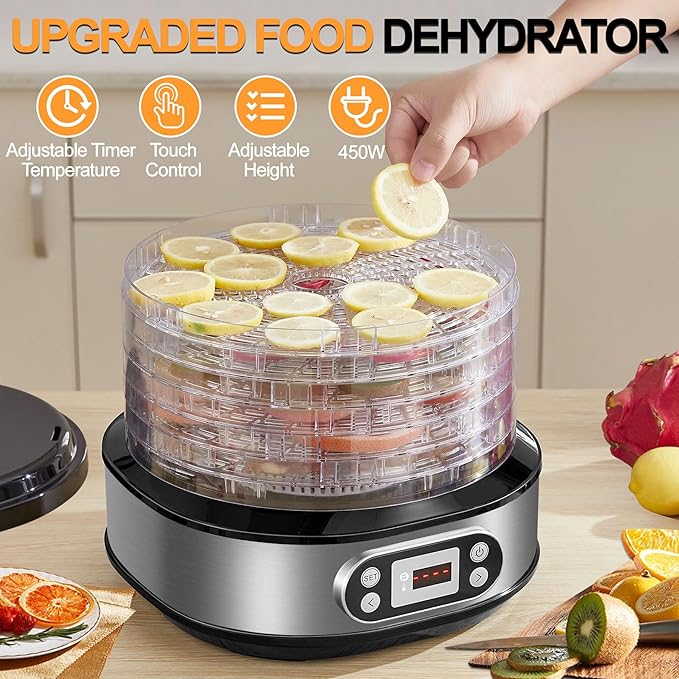 LanAqua Food Dehydrator Machine, 450W Stainless Steel Dehydrator for Food and Jerky with 72H Timer & Adjustable Temperature(95-158°F), Digital Food Dehydrator with 5-Trays for Meat, Fruit, Herbs