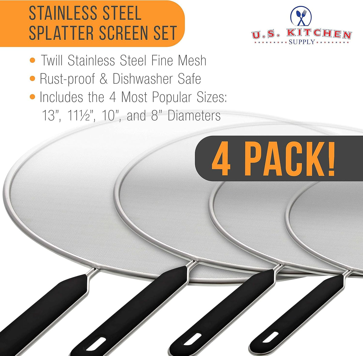 U.S. Kitchen Supply 4-Piece Stainless Steel Splatter Guard Set (13", 11.5", 10",8”) Fine Mesh Cover, Grease & Oil, Splatter Screen for Frying Pan, Cooking Pots, with Comfort Grip Handles