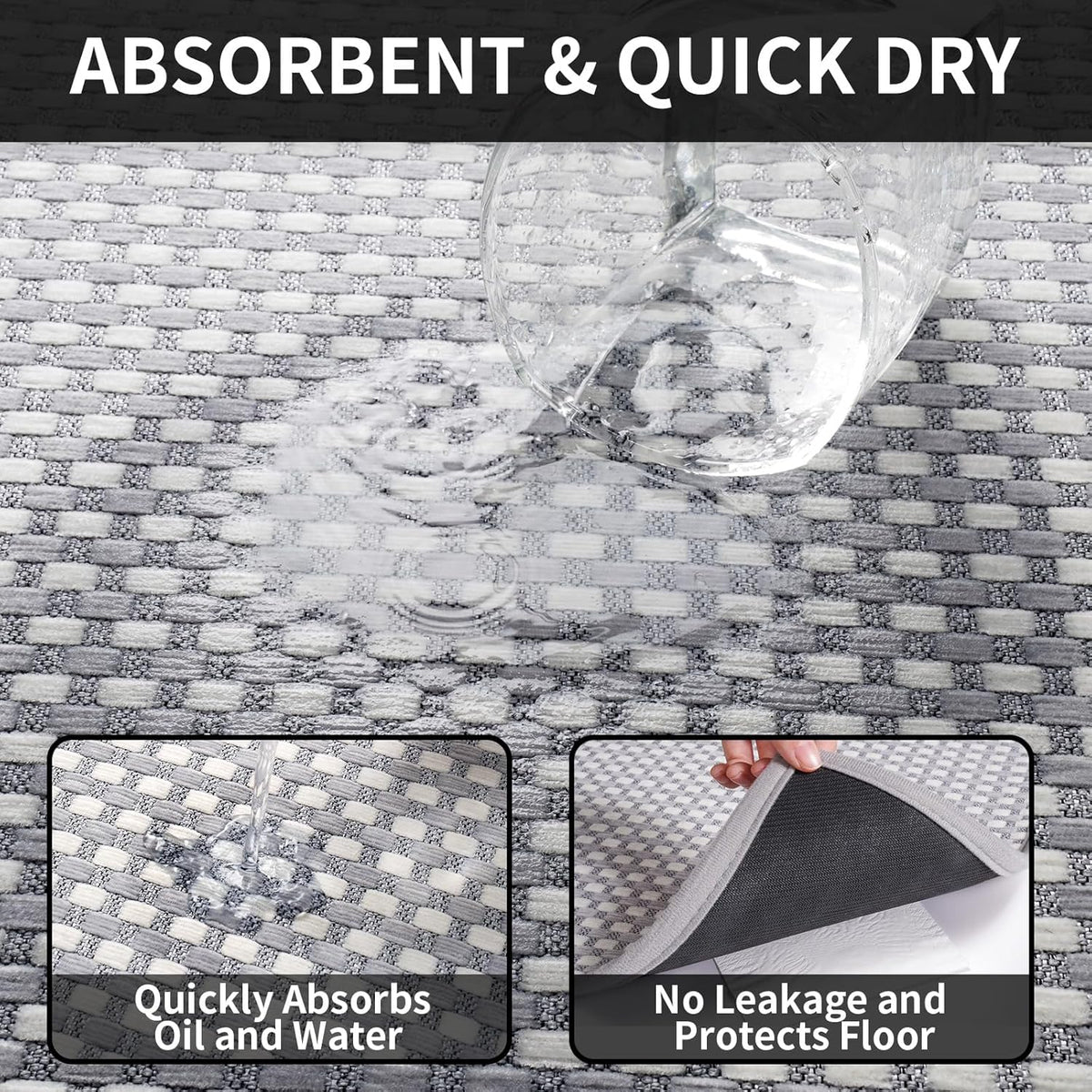 Kitchen Rugs Non Slip Washable, Rubber Backing Soft Chenille Braided Kitchen Mats for Floor, Super Absorbent Kitchen Runner Rug Standing Mat Sink Mat, Easy to Clean, Gray 17"x47"