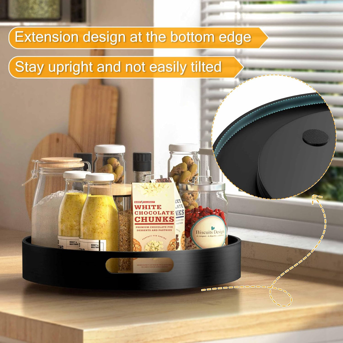 Lazy Susan Organizer Homerays 12 Inch Non-Skid Bamboo Lazy Susan for Kitchen Rotating Spice Rack with Handles, Wood Turntable for Kitchen Cabinet,Countertop (Black, Medium)