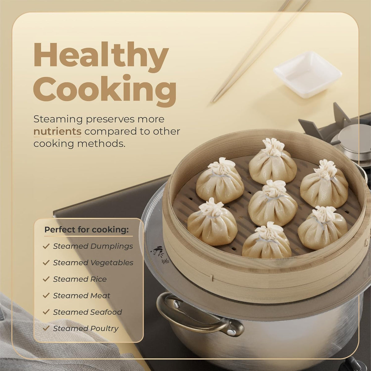 Prime Home Direct Bamboo Steamer Basket 12-Inch | 2-Tier Steamer for Cooking | 50 Liners, Chopsticks, Sauce Dish | Steaming Asian Food, Bao Buns, Chinese, Dim Sum, Dumpling, Rice, Vegetable Steam Pot