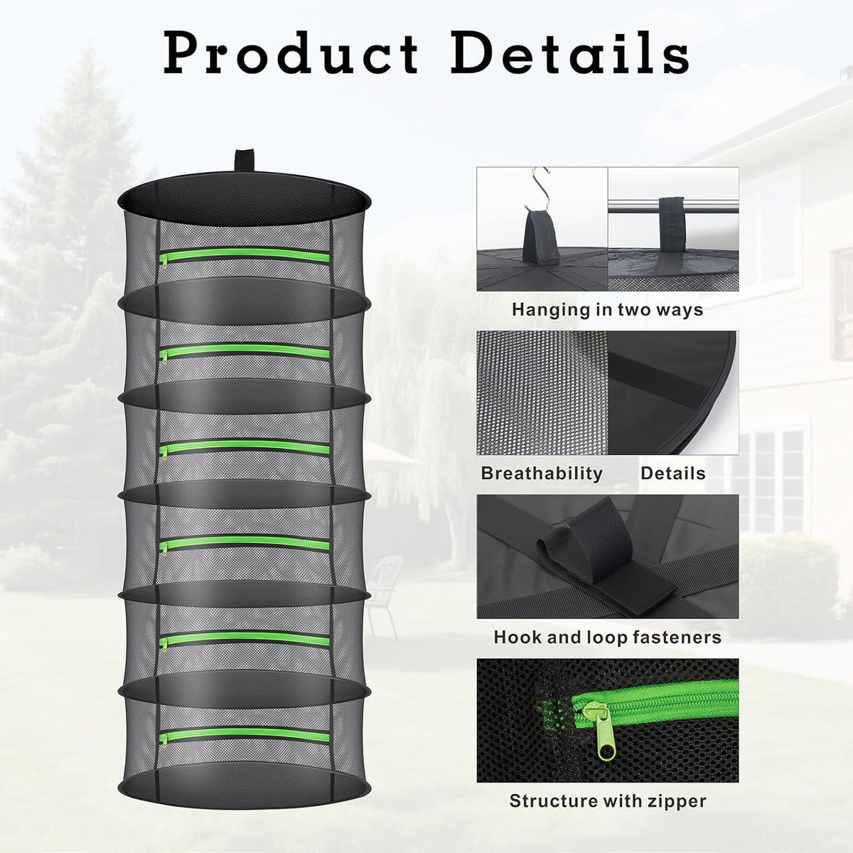 Herb Drying Rack with Mesh Design - Hanging Herb Dryer with Green Zipper for Garden, Home, Indoor or Outdoor Use (4layer)