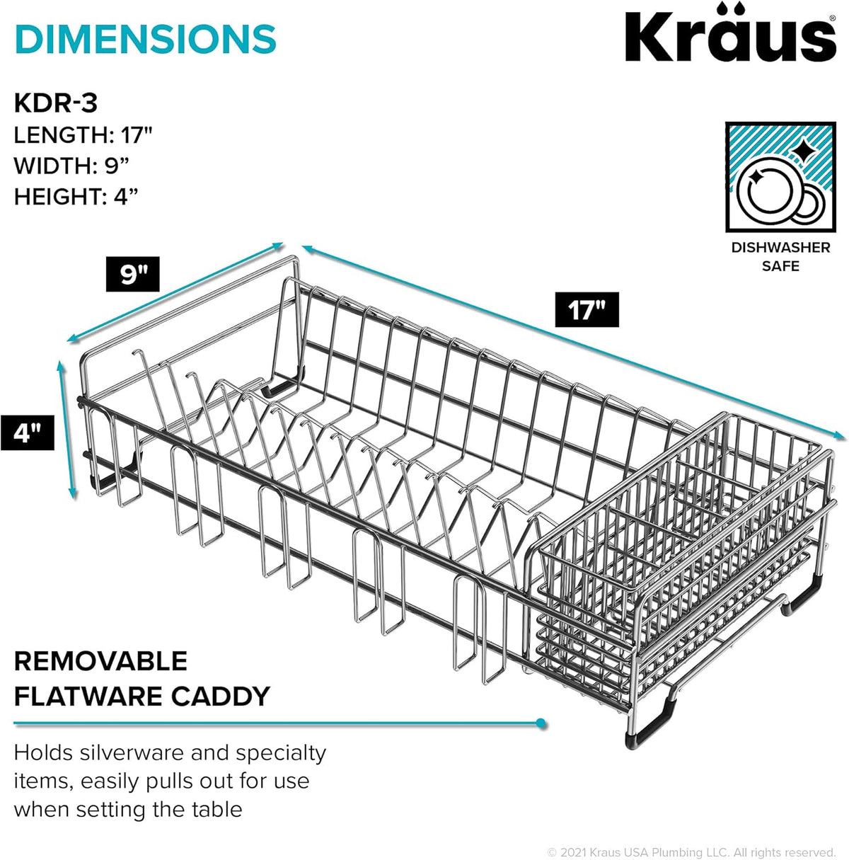 Kraus Workstation Kitchen Sink Dish Drying Rack Drainer and Utensil Holder, 17" L x 9" W, Stainless Steel, KDR-3