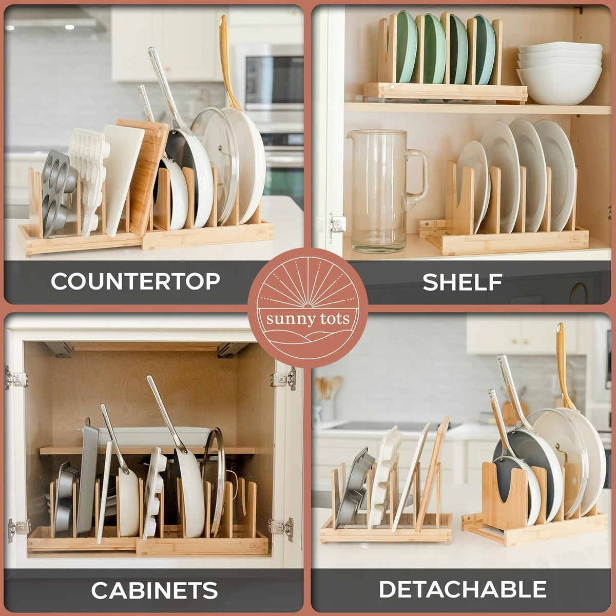 Pot and Pan Organizer for Under Cabinet – Bamboo Pot Lid Organizer for Cabinet with Magnetic Lock, Expandable 2-in-1, Adjustable Dividers, Non-Slip Base for Cutting Boards, Cookie Sheets, Bakeware