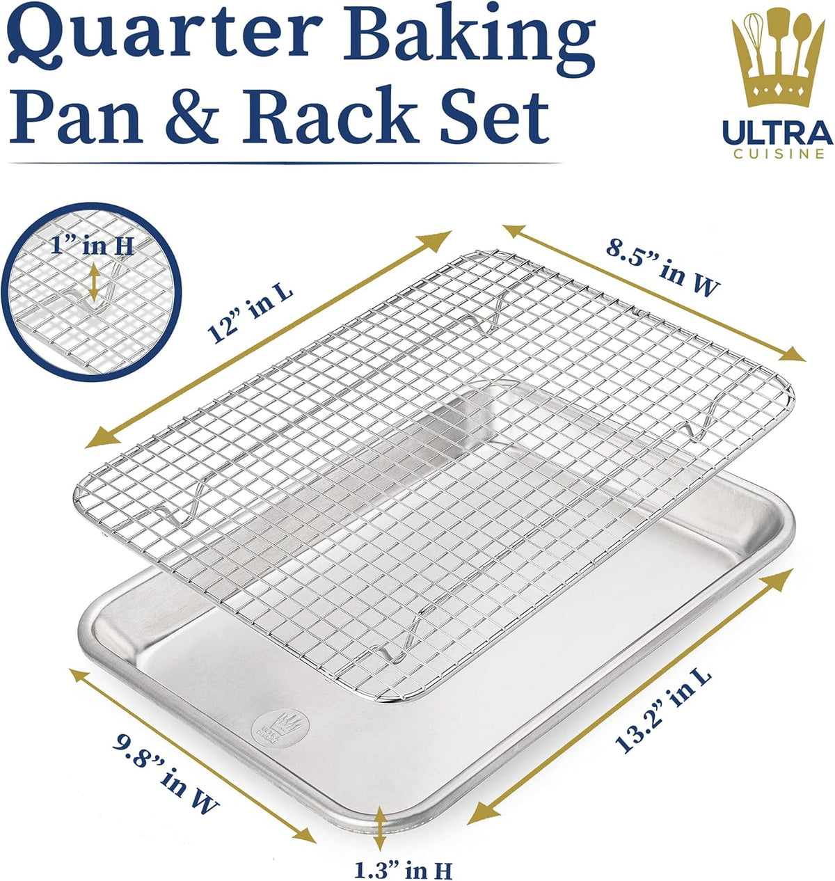 Ultra Cuisine Quarter Sheet Pan with Wire Rack Set - Includes Premium Aluminum Baking Sheet with 100% Stainless Steel Baking Rack, Dishwasher Safe Cookie Cooling Racks with 1/4 Pan Commercial Quality