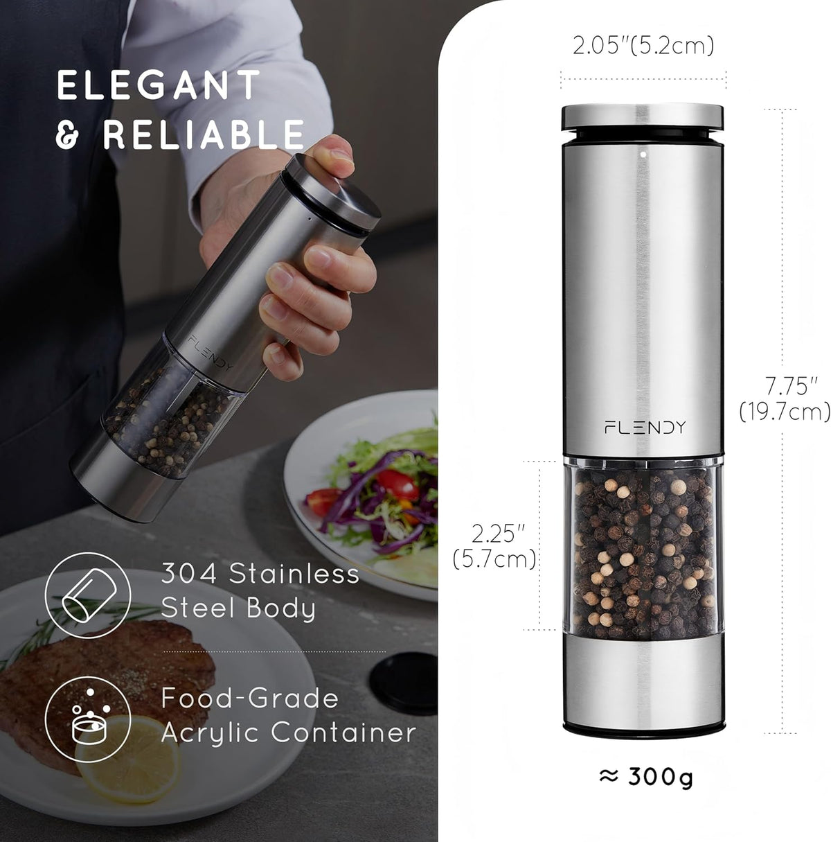 Electric Salt or Pepper Grinder Rechargeable, Automatic Salt or Pepper Grinder with Oversized Top Button, Stainless Steel Electric Salt or Pepper Shaker