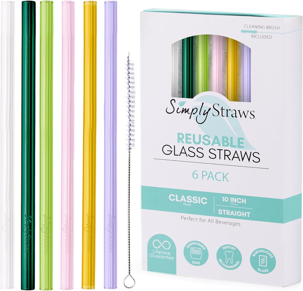Simply Straws 10 Inch Glass Straws Straight (6-Pack) – Reusable Glass Straws for 24 Oz Mason Jars & Tumblers, with Cleaning Brush – Durable, Dishwasher Safe, Hot & Cold Use, BPA-Free (Meadow)