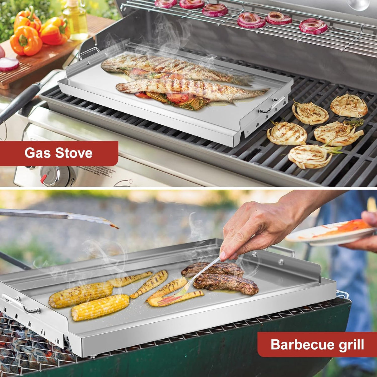YORKING 23" x 16" Nonstick Coating Griddle Flat Top Grill Plate, Stainless Steel Griddle Plate with Grease Groove and Removable Handles for BBQ Charcoal/Gas Grills, Parties, Indoor/Outdoor Cooking