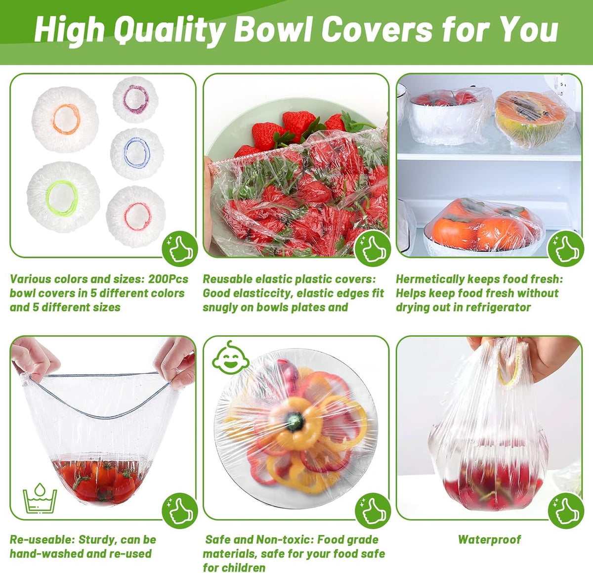 200Pcs Reusable Plastic Bowl Covers - 5 Sizes With Elastic, Food Grade Safe Material