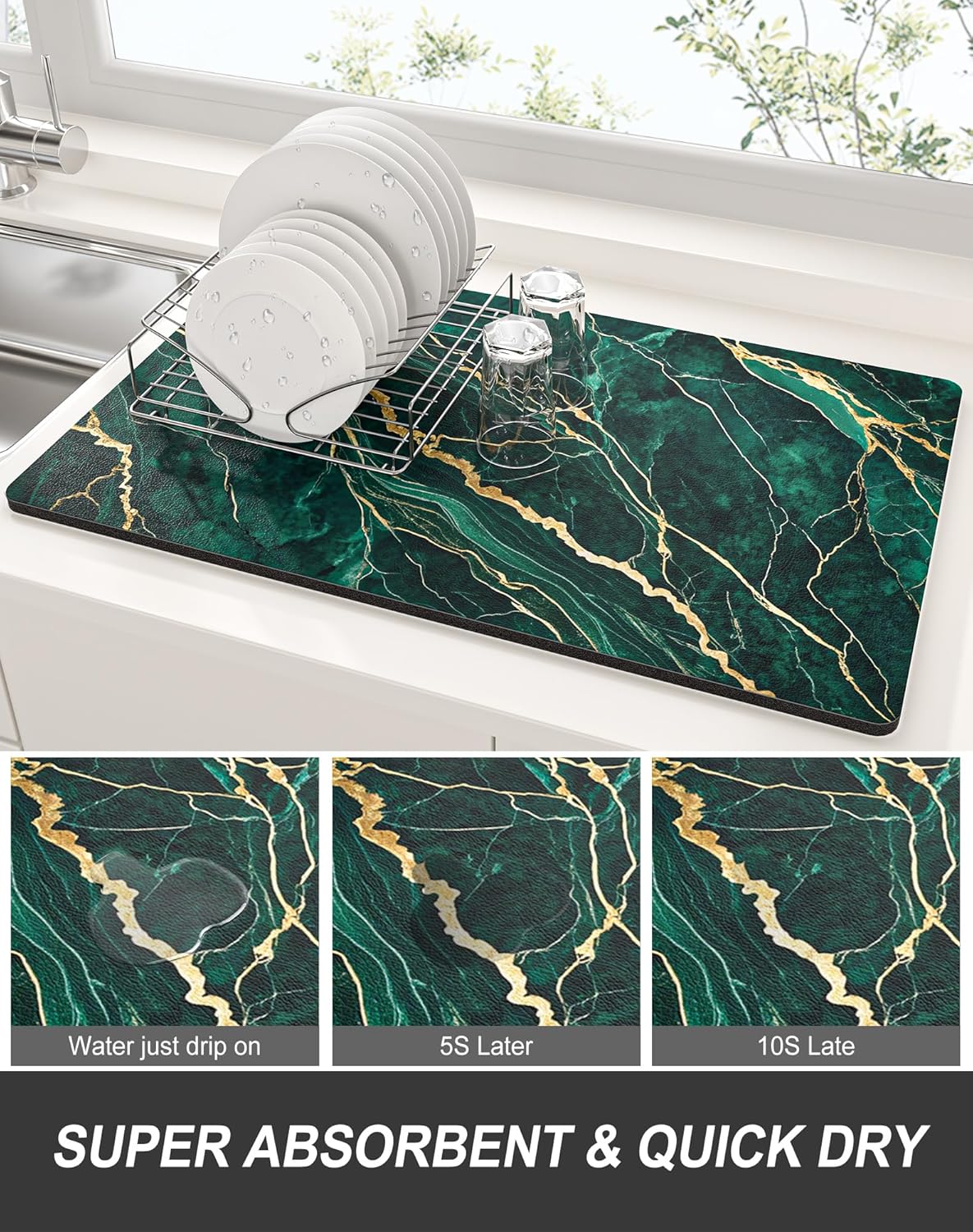 Rnivvi Dish Drying Mat for Kitchen Counter, XL 15 x 24" Cute Marble Absorbent Draining Pad, Non-Slip Heat Resistant Coffee Bar Mats for Coffee Machine Station Accessories, Green Gold Dish Rack Pad