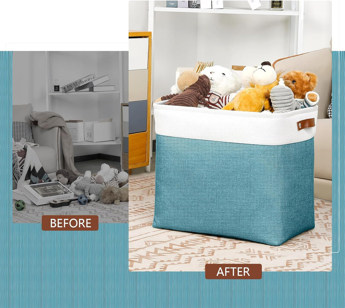 DULLEMELO Extra Large Storage Baskets, Fabric Storage Bins for Organizing Shelves Nursery Toys Books, Closet Baskets and Bins with Handles, White&Teal, 2-Pack