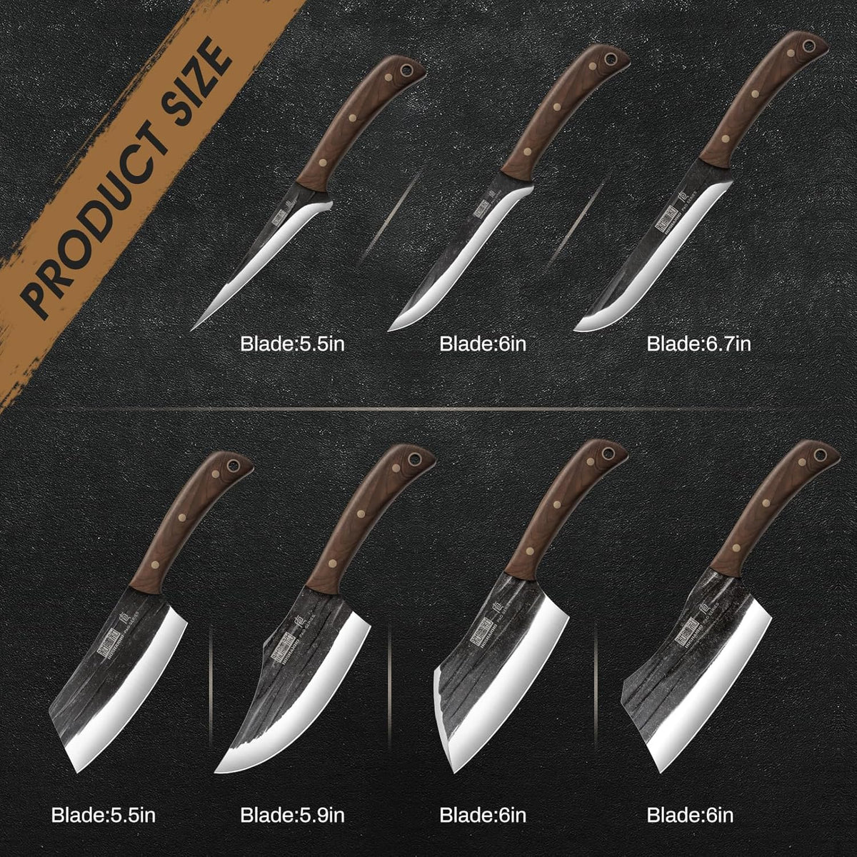 HOSHANHO Butcher Knife Set, Hand Forged Butcher Chef Knife Set with Roll Bag, Sharp Meat Cleaver Knife & Bone Chopper Knives & Fillet Knives for Home & Camping & BBQ Gift for Men