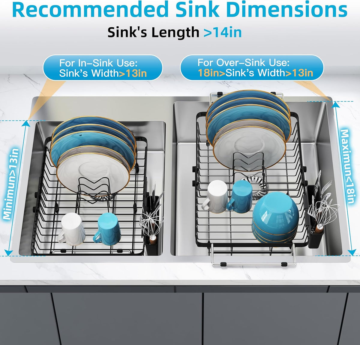 romision Expandable Dish Drying Rack Over The Sink Small Metal Stainless Steel Plate Holder for Compact Kitchen, Space Saving Modern Black Hanging Drainer