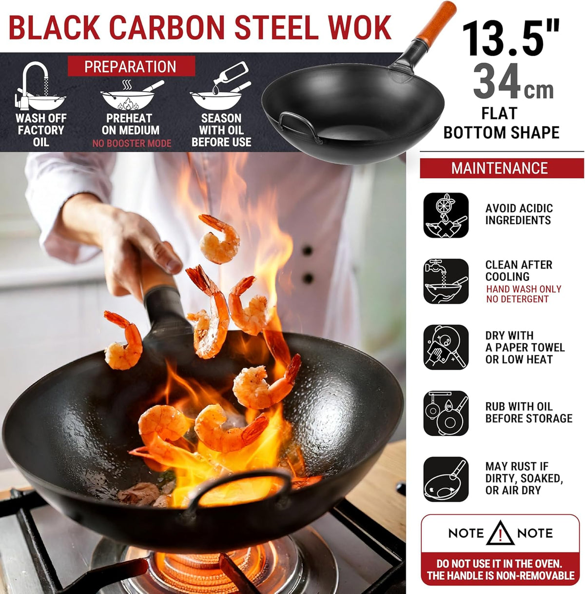 YOSUKATA 13.5" Carbon Steel Wok Pan – Pre-Seasoned Flat Bottom Pow Wok for Stir Fry, BBQ, Grill & Camping – Traditional Japanese Chinese Cookware – Compatible with Induction, Electric, Gas, Open Fire