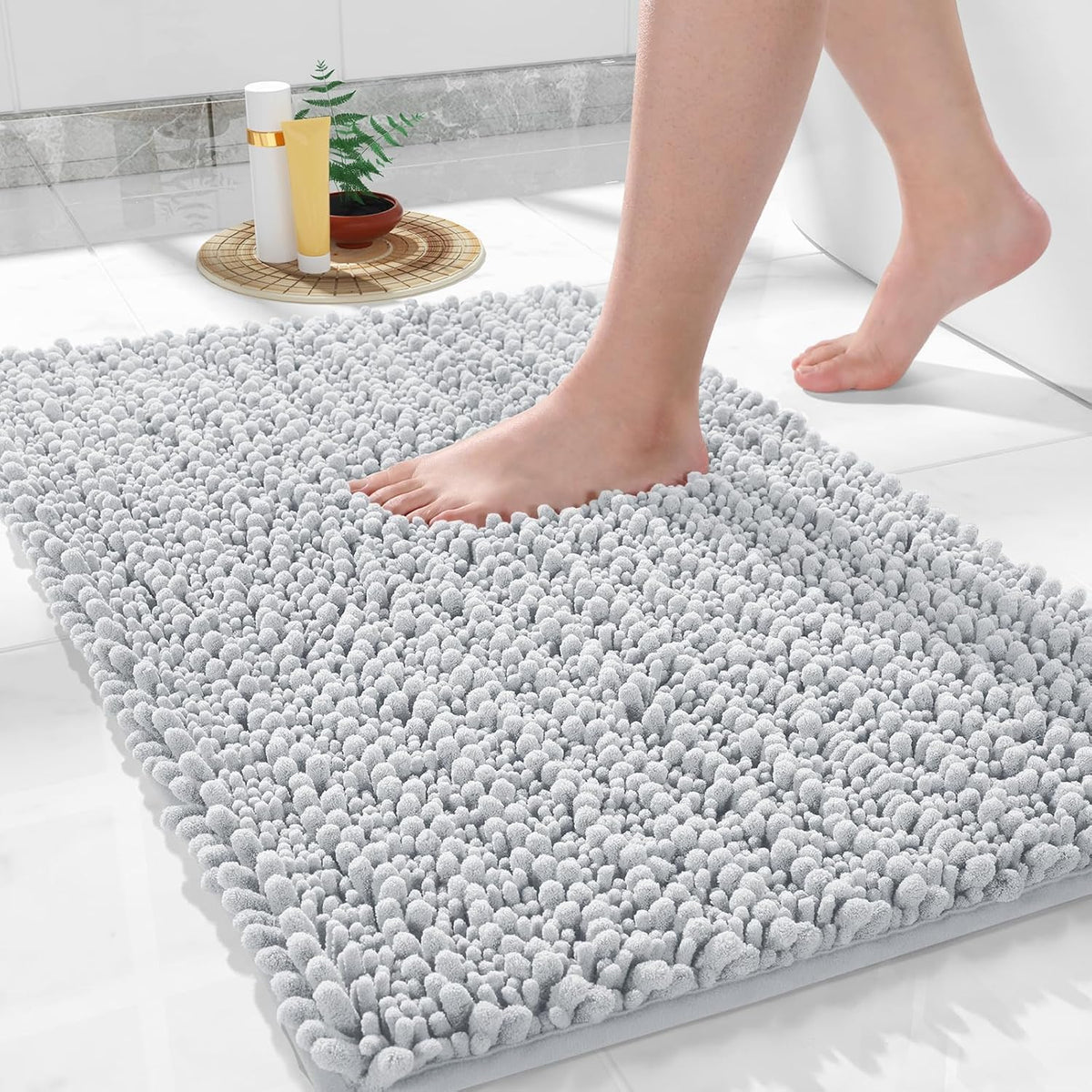 Yimobra Bathroom Rugs Non Slip Washable 32x20 Inch - Ultra Soft Absorbent Chenille Bath Mat, Quick Dry Shaggy Floor Carpet for Tub Shower, Silver Home Decor Accessories