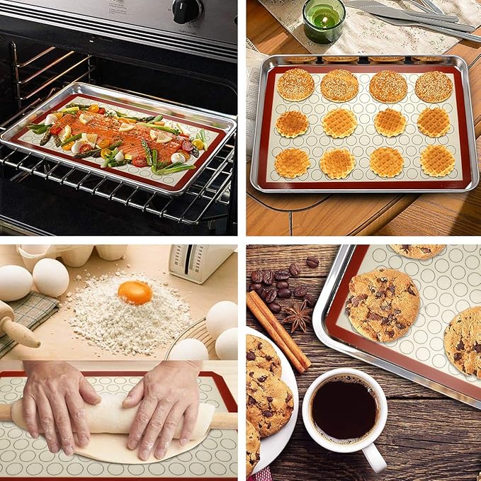 Wildone Baking Sheet with Silicone Mat Set, Set of 6 (3 Sheets + 3 Mats), Stainless Steel Cookie Sheet Baking Pan with Silicone Mat, Non Toxic & Heavy Duty & Easy Clean