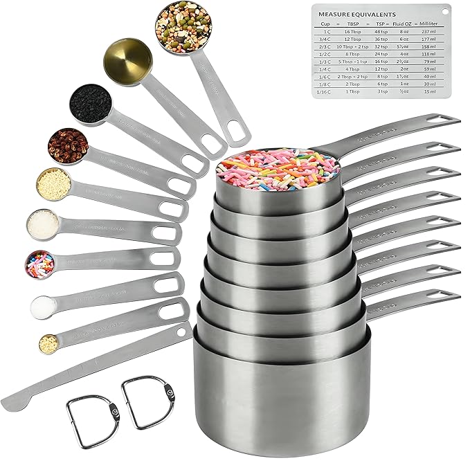Measuring Cups and Spoons Set, 18/8 Metric & US Stainless Steel 8 Measuring Cups & 9 Spoons with 1 Leveler & 1 Measurement Conversion Chart for Baking & Kitchen