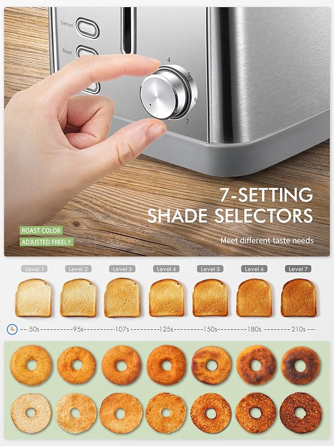 Yabano Retro Bagel Toaster - 2 Slice, 2 Extra Wide Slots, 7 Shade Settings, Defrost/Bagel/Cancel, Removable Crumb Tray, Stainless Steel, Silver