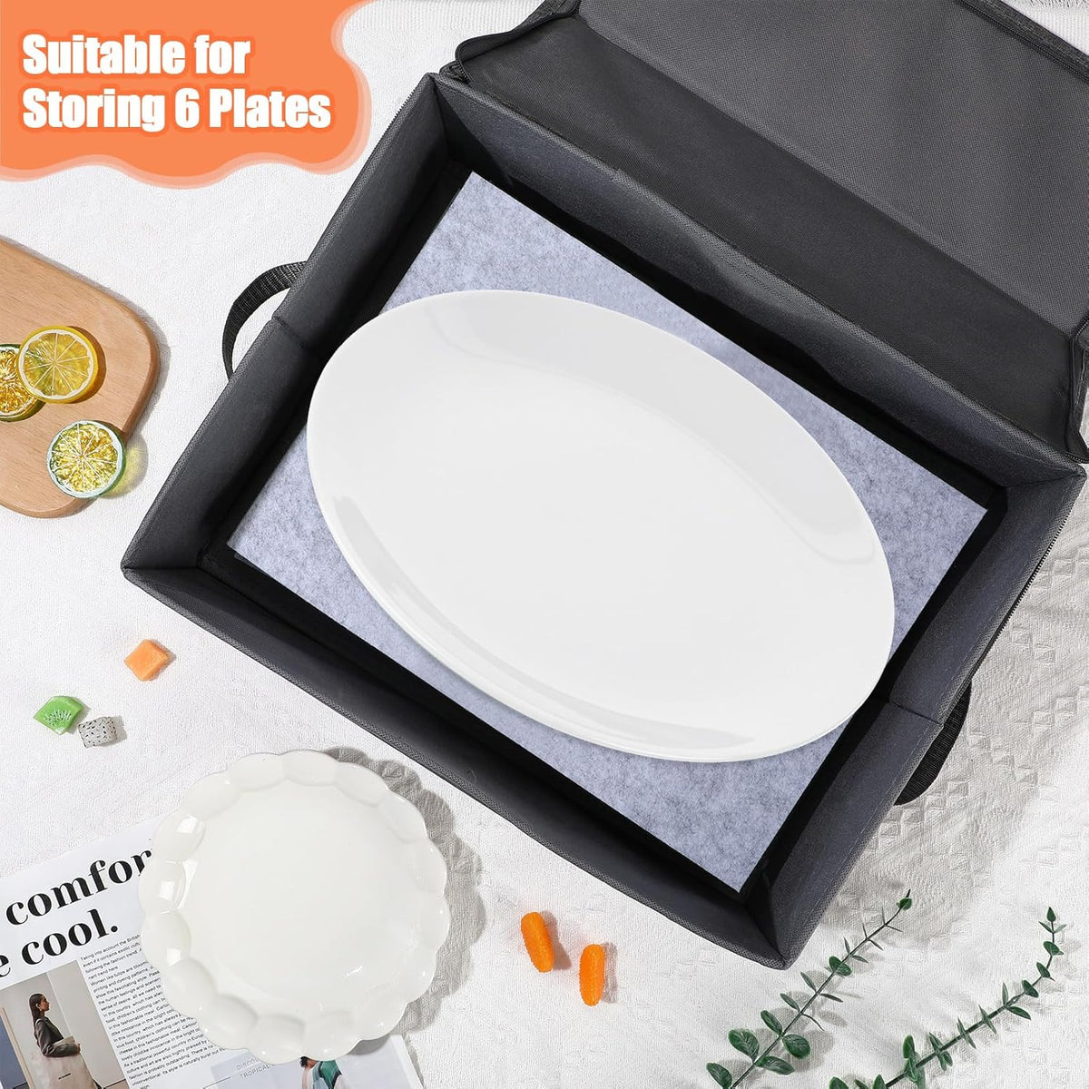 Norme 3 Pcs Platter Storage Case China Storage Container Stackable China Boxes Hard Shell Case Moving Supplies, 17x13x 6 In, 15 Felt Dividers Included, Structured Top, Gray