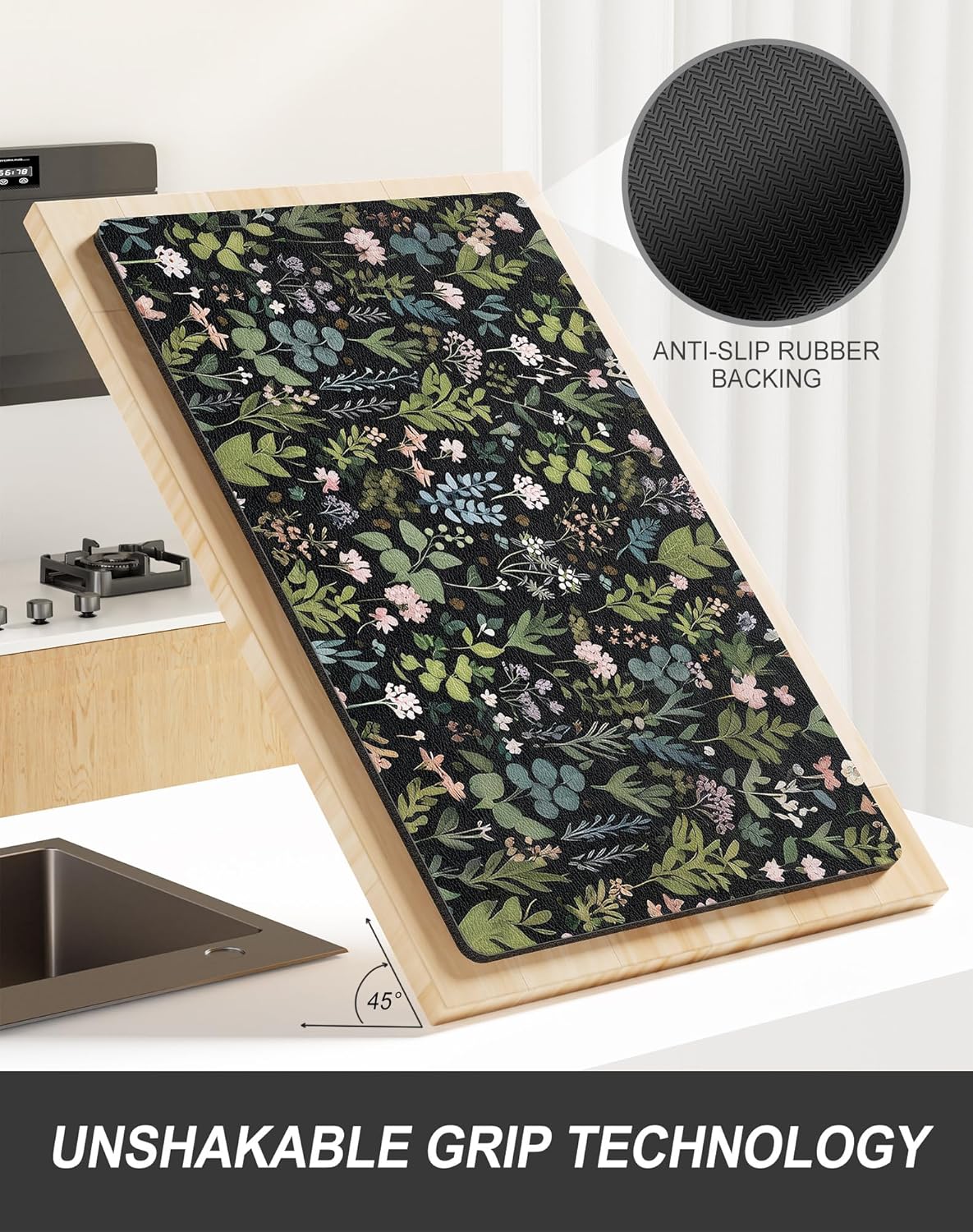 Rnivvi Dish Drying Mat for Kitchen Counter, XL 15 x 24" Cute Flower Theme Super Absorbent Drainer Pad, Non-Slip Heat Resistant Coffee Bar Mat for Coffee Machine Station Accessories,Black Dish Rack Pad