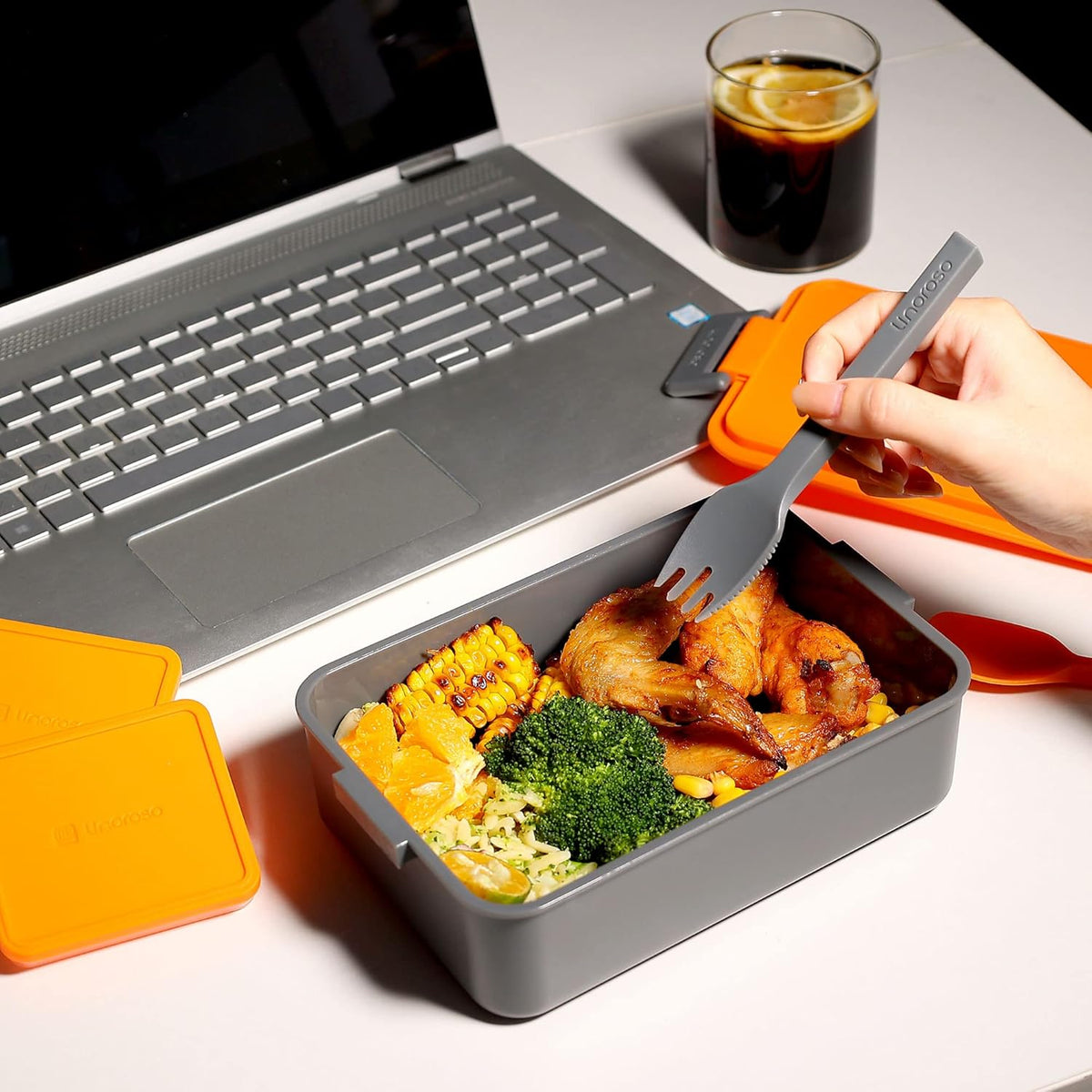 Linoroso Stackable Bento Lunch Box | Meet All Your On-the-Go Food, Salad and Snack Needs, Premium Adult Lunch Box Includes Utensil Set, Dressing Containers - Lava Orange