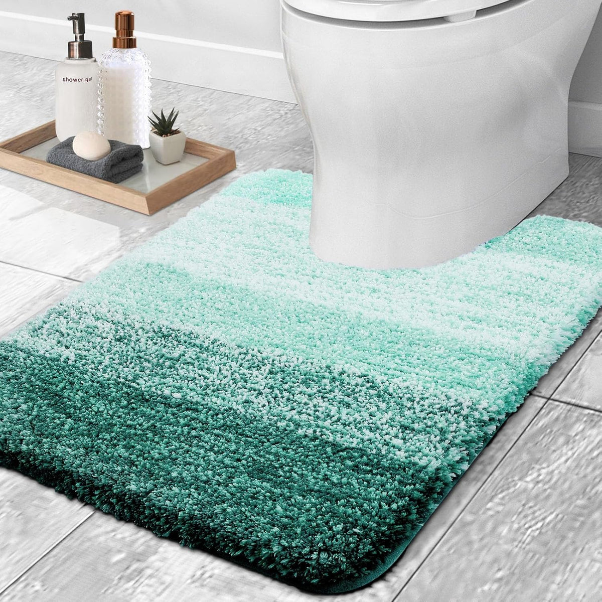 OLANLY Luxury Toilet Rugs U-Shaped 24x20, Extra Soft and Absorbent Microfiber Bathroom Rugs, Non-Slip Plush Shaggy Bath Mat, Machine Wash Dry, Contour Bathroom Mats for Toilet Base, Blackish Green