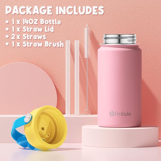 Fimibuke Kids Insulated Water Bottle, 14oz BPA FREE 18/8 Stainless Steel Travel Tumbler Double Wall Vacuum Leak Proof Kids Cup with Straw Metal Water Bottle for School Boys Girls(1 Pack, Amethyst)