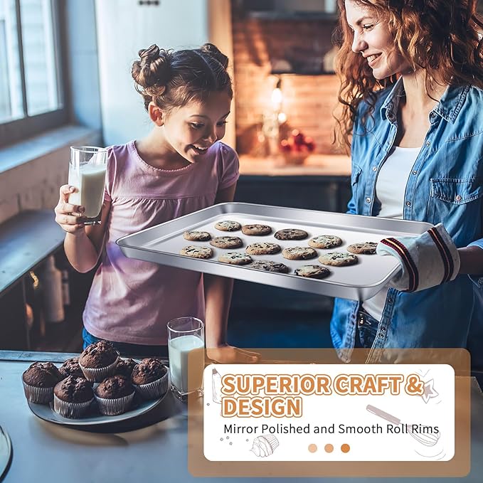 Stainless Steel Baking Sheet Set of 2, Deedro Cookie Sheet Metal Baking Pan Oven Tray, Non Toxic & Heavy Duty, Rust Free & Mirror Finish, Easy Clean & Dishwasher Safe, 20 x 14 x 1.3 Inch