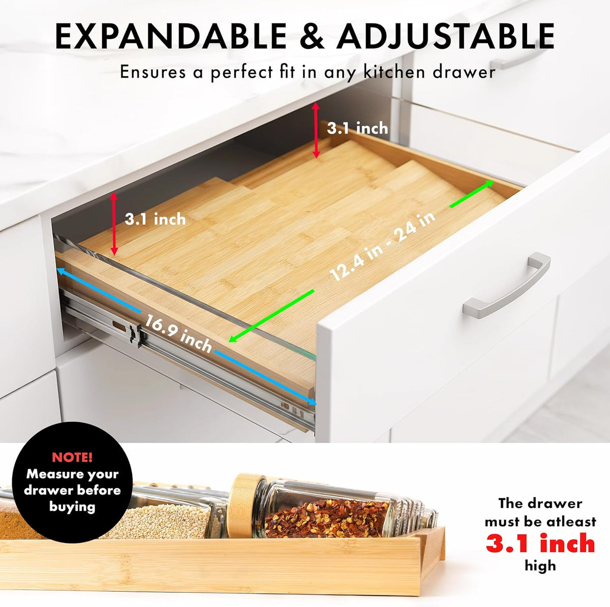 Bamboo Spice Drawer Organizer - Expandable 4 Tier Spice Rack (Need 3" Deep Drawer) 12" to 24" Wide, Seasoning Organizer, Organization Seasoning Rack insert (Jars Not Included)