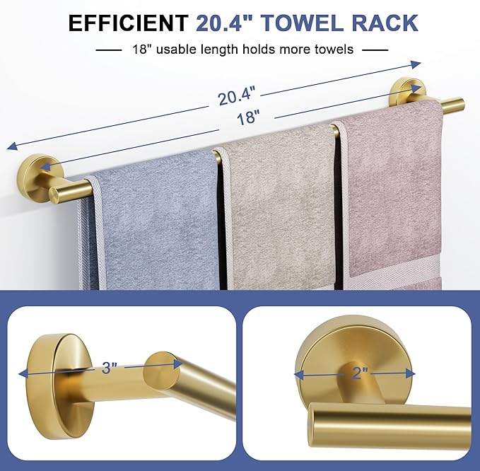 Brushed Gold Towel Bar, 18 Inch Towel Racks for Bathroom Wall Mounted, SUS304 Stainless Steel Bathroom Towel Holder, Total Length 20.4 Inch Towel Bars