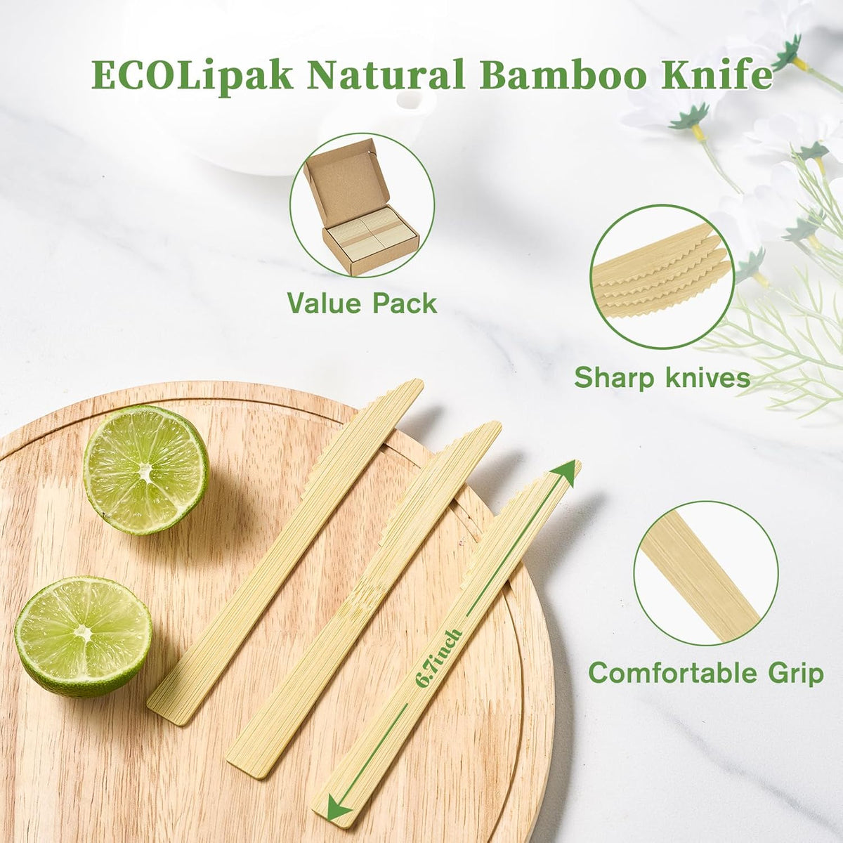 ECOLipak 300 Count Disposable Bamboo Knives, 6.7 Inch Bamboo Compostable Disposable Knives for Party, Wedding, Camping, Traveling, Family Dinners, Large Events