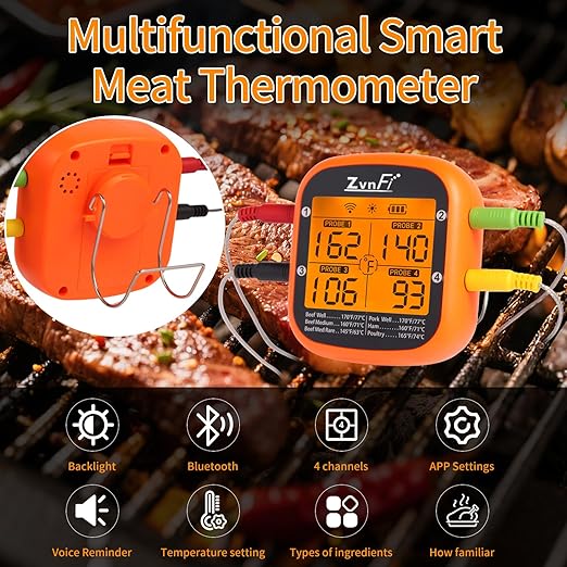 Wireless Digital Meat Thermometer,Instant Read Food Thermometer with LCD Display and 4 Stainless Probes,Advanced Electronic Thermometer Waterproof for BBQ Cooking Kitchen Outside Grill