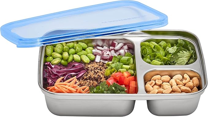 U Konserve Stainless Steel Rectangle Divided 3 Section Food Storage Bento Box Container, Leak Proof Silicone Lid Dishwasher Safe - Plastic Free, (24oz Cosmic Blue)