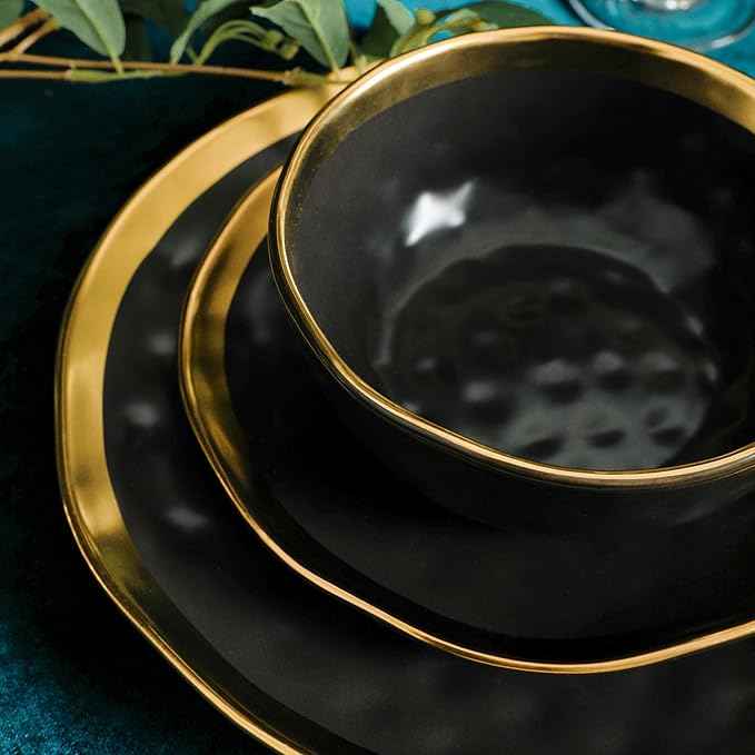 Stone Lain Florian Modern Porcelain 16 Piece Dinnerware Set, Plates and Bowls Set, Dish set for 4, Black And Golden Rim