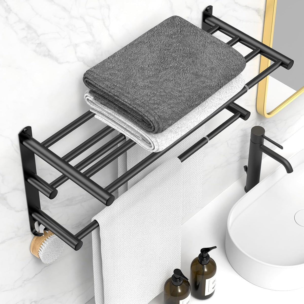 Adjustable Towel Bar for Bathroom Wall Mount17-30.7inch Adhesive Shower Towel Rack Stainless Steel Bath Towel Holders for Toilet Kitchen Double Towel Hanger (Black 3-Layer Towel Rack)