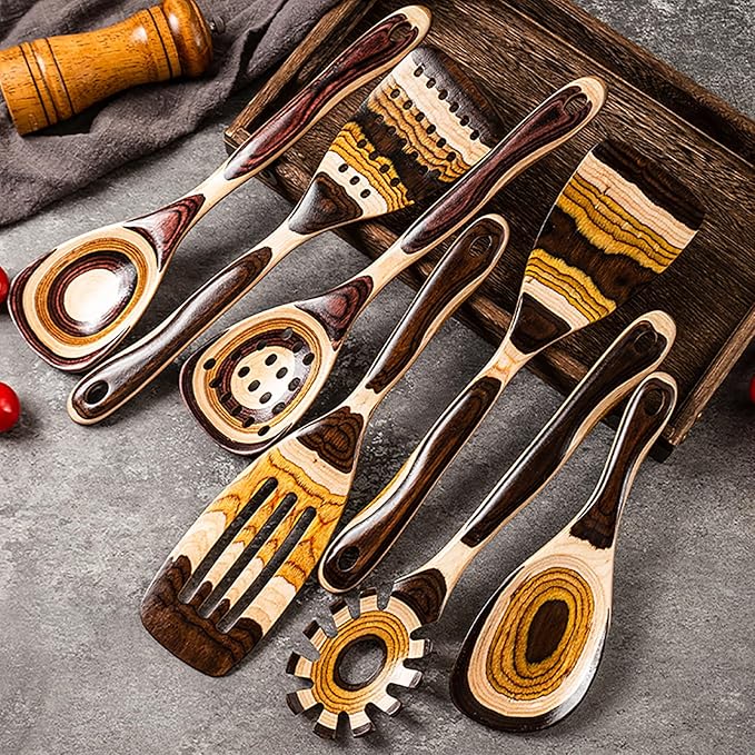 Gudamaye 7-Piece Brown Pakkawood Utensils Set – Sturdy, Eco-Friendly, Wooden Spoons for cooking, Wooden Utensil for cooking, Wooden Kitchen Tool, Home & Kitchen Gifts for Men and Women