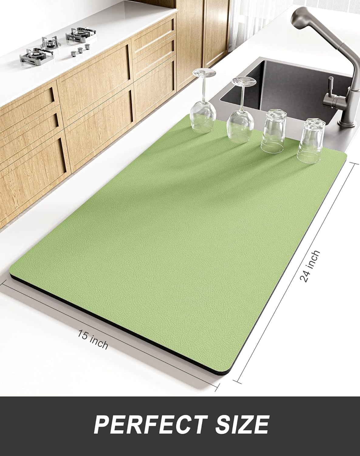 Rnivvi Dish Drying Mat for Kitchen Counter, XL 15 x 24" Super Absorbent Drainer Pad Easy Clean Dish Rack Pad, Non-Slip Heat Resistant Coffee Bar Mat for Coffee Machine Station Accessories Decor, Green