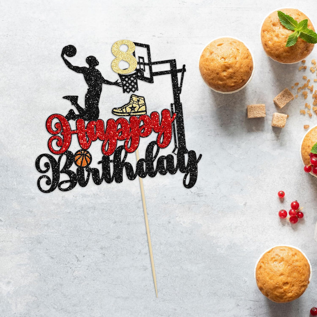 1Pc 8th Birthday Basketball Cake Topper Glitter Basketball Sports Theme Cake Pick for Baby Shower 8th Birthday Cake Decorations Party Supplies Black