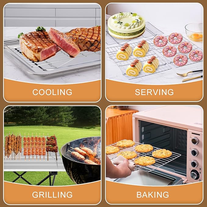 Cooling Rack for Baking 3 Tiers, 16" x 10" Cookie Cooling Wire Rack Stackable Collapsible Nonstick, Stainless Steel Baking Cooking Cooling Racks with Optimum Air Flow, Silver
