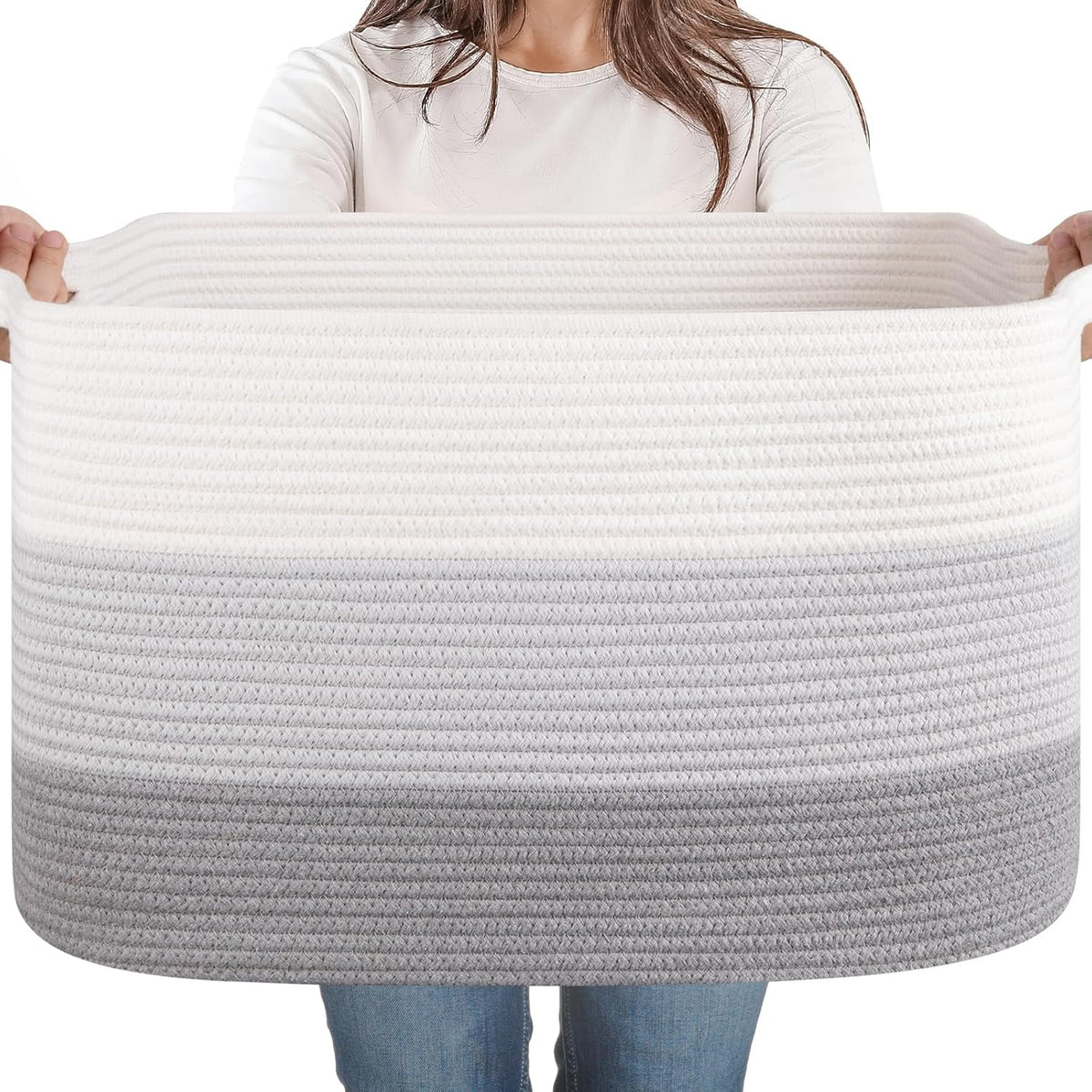 65L Large Storage Basket, Cotton Rope Woven Blanket Basket, Toy Storage for Baby Room, Living Room, Gradient Grey
