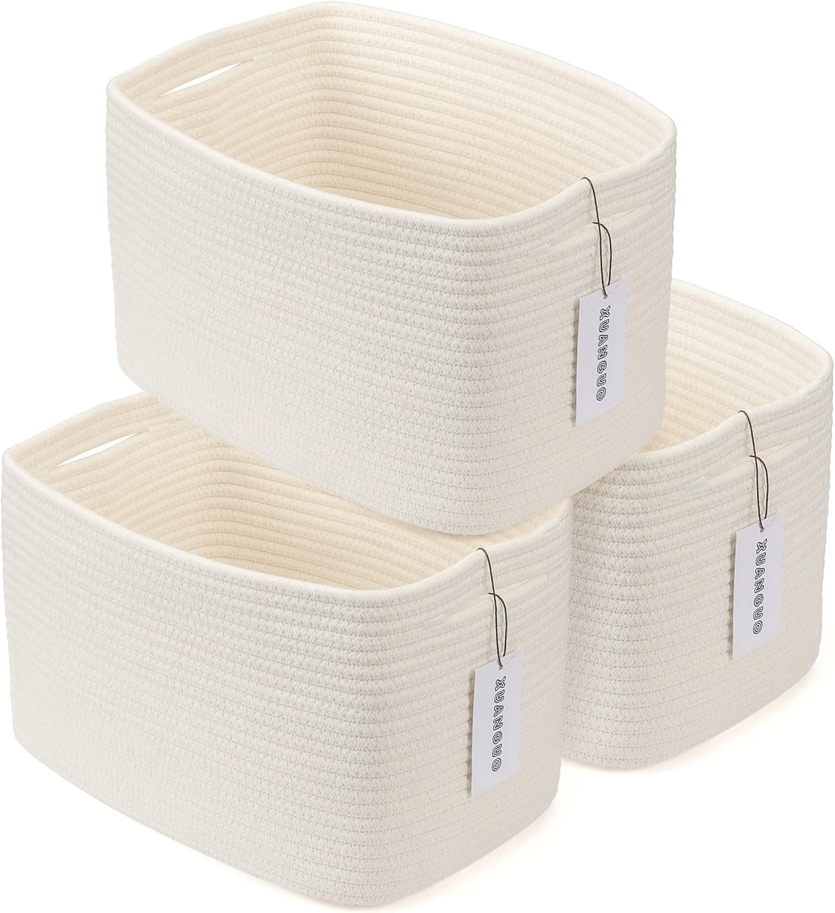 Cotton Rope storage Basket Bins Woven Basket for Organizing Shelves Rectangle Decorative Baskets For storage Clothes Toys Books Towels Square Wicker Nursery basket organizer 3 pack white