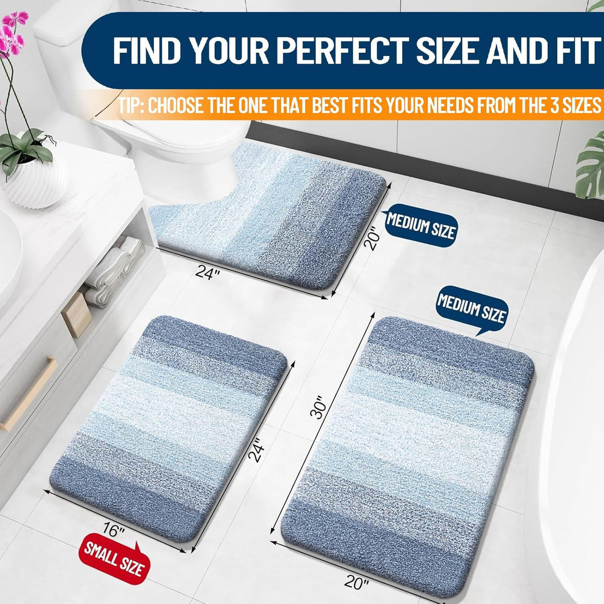 OLANLY Bathroom Rug Mat 24x16, Extra Soft and Absorbent Polyester Bath Rugs, Non-Slip Plush Shaggy Bath Carpet, Machine Wash Dry, Bath Mats for Bathroom Floor, Tub and Shower, Blue