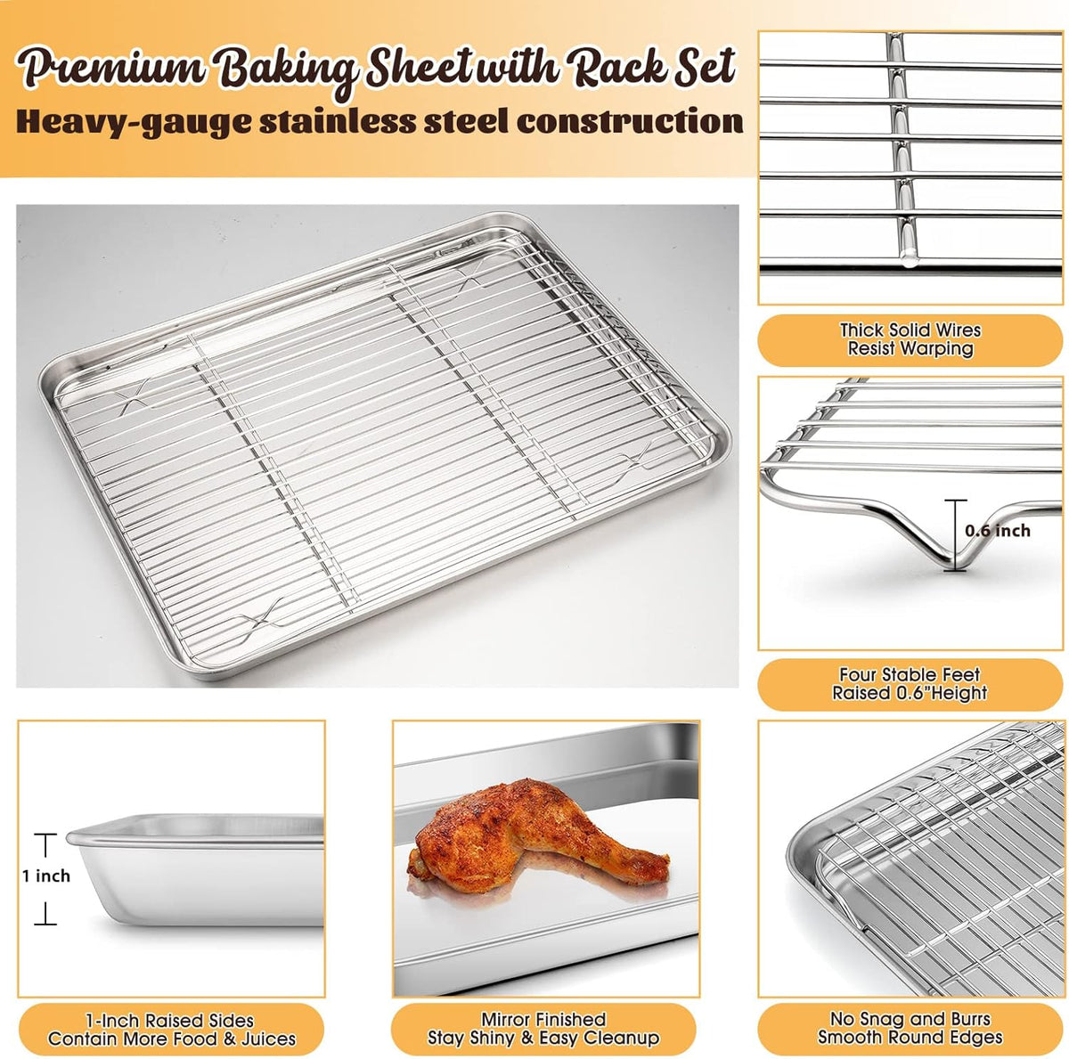Baking Sheet with Rack Set, E-far 16”x12” Stainless Steel Cookie Sheet Pan for Oven, Rimmed Metal Tray with Wire Cooling Rack for Cooking Roasting Resting Bacon Meat Steak - Dishwasher Safe