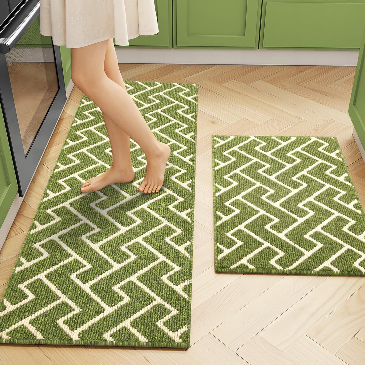 hicorfe Kitchen Rugs and Mats Sets,Non-Slip Absorbent 100% Polypropylene Kitchen Mats for Floor,Comfort Kitchen Runner Mat,Washable for Kitchen,Sink,Laundry(20" x 31.5" Plus 20" x 48",Sage Green)